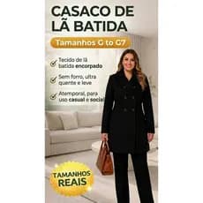 Casaco Feminino Sobretudo Plus Size Alongado Lã Batida Gola Militar Inverno Quentinho Curve Sem Cint