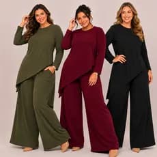 Conjunto Feminino Plus Size Calça Pantalona Com Bolso Blusa Manga Longa Anarruga Elegante