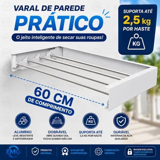 Varal Mágico 60 cm Prático Ideal para Apartamentos e Espaços Pequenos Aluminio Parede Flexível
