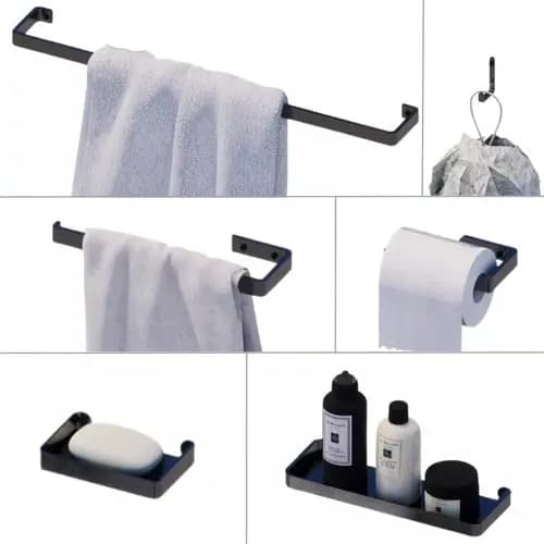 Kit Acessórios Para Banheiro Lavabo Alumínio Maciço Polido Preto 6 Peças Anti Ferrugem