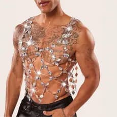 2026 Novo estilo DYJ masculino sentir oco gema brilhante Halterneck Halter colete camiseta superior20260717