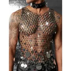 2026 novo estilo transparente oco transparente topo masculino piscando diamante All-Match malha camiseta perfuração quen