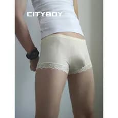 2026 novo estilo masculino de renda de seda gelo roupa interior cintura média baixa boxer briefs grande bolsa leve confo