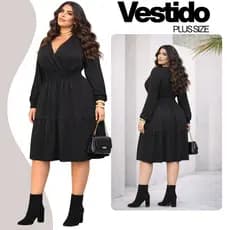 Vestido Plus Size Moda Casual Midi Com Manga Liso