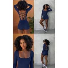 Macaquinho Manga Longa Preto Axul Macacão Suplex Light Coladinho Modela O Corpo Fany Curto Manga Longa
