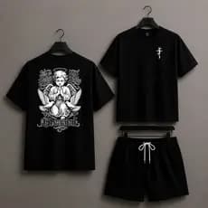 Conjunto camiseta estampada streetwear anjo de algodão premium e short bermuda tactel