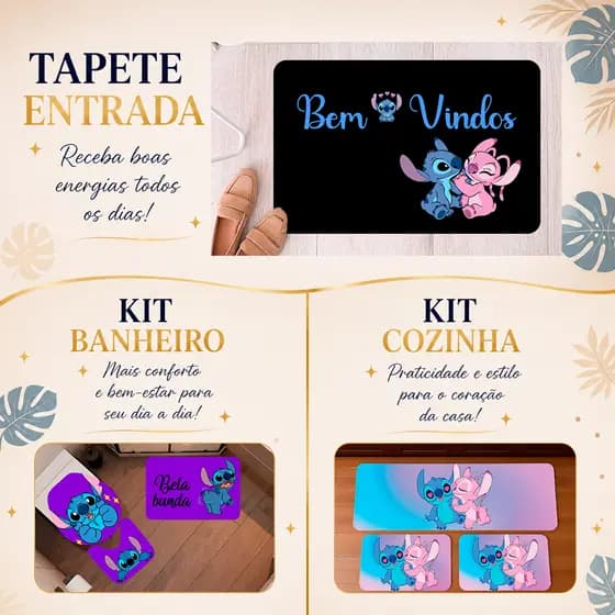 💙🌀Tapete de Entrada e Kit de Tapetes Stitch –Entrada, Quarto e Banheiro Antiderrapante, Resistente.