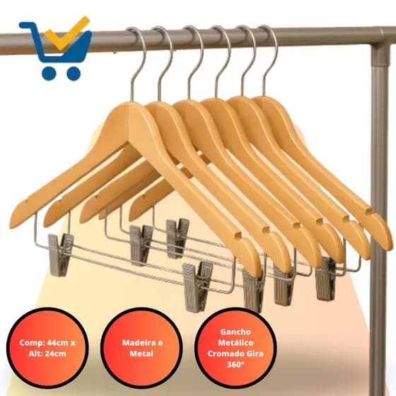 Kit Cabide Madeira Verniz Gira 360º c/ Presilhas Terno Blazer Calça Camisa Blusa Saia Vestido Polo