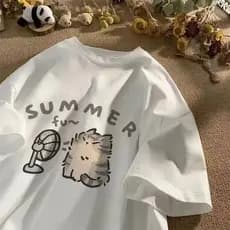 Camiseta Camisa Básica T-Shirt Algodão Feminina Funny Summer Cat Calor De Verão