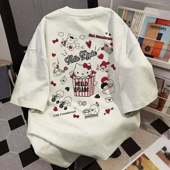 8800% algodão Design americano Hello Kitty estampa manga curta camiseta feminina oversize Top solto