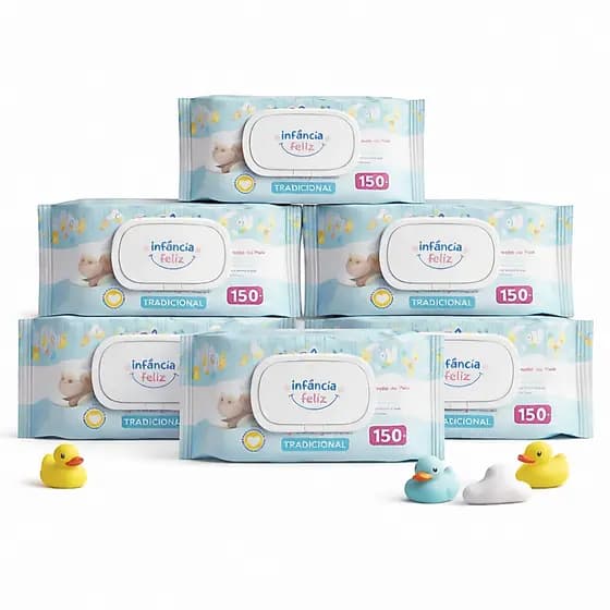 Kit 06 Pacotes Toalhas Umedecidas Infância Feliz 150 folhas Produto 100% Vegano 98% Água