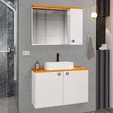Conjunto Gabinete Armario Espelheira Banheiro Com Cuba Branco/Nature - Armarinho