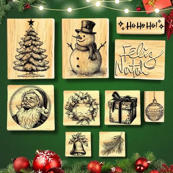 Kit 10 Carimbos de Natal Luxo para Sacola Kraft Caixa Embalagem Envelope Tecido Presente Papel Noel