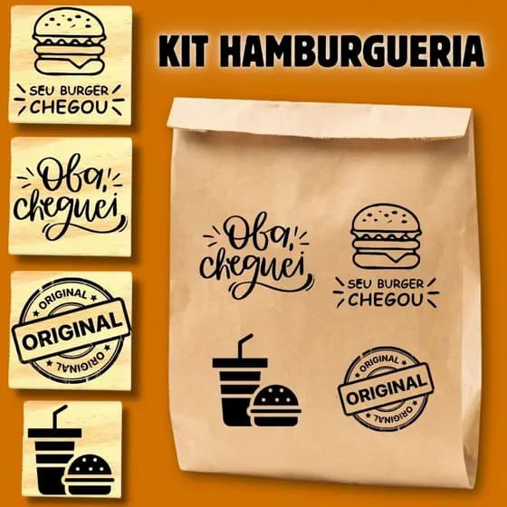 Kit 4 Carimbos Hamburgueria Lanches hamburguer para sacola saco kraft delivery tags