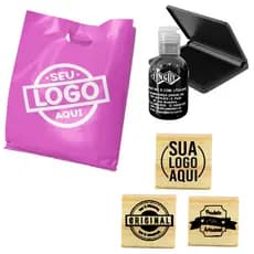 Kit com 3 Carimbos Personalizados para Sacola Plástica e Isopor Tecido Com a Sua Logo Almofada e Tinta