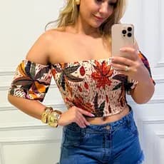 Cropped Lastex Estampado com Mangas