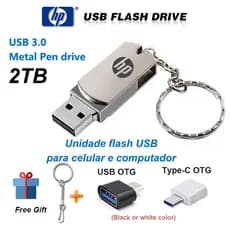 HP Unidade Flash Drive USB 3.0 Pendrive 2TB Metal Flash Drive Impermeável Armazenamento Grande Capacidade