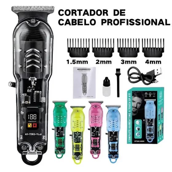 Máquina de Cortar Cabelo Profissional Transparente – | Motor Potente | Bateria 800mAh | USB-C TUDO