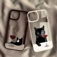 Capa De Telefone Para iPhone 16 15 Pro Max 16e 14 13 12 11 7 8 Plus SE2 XS X XR Gato Bonito Taça Bebida Casal Clara