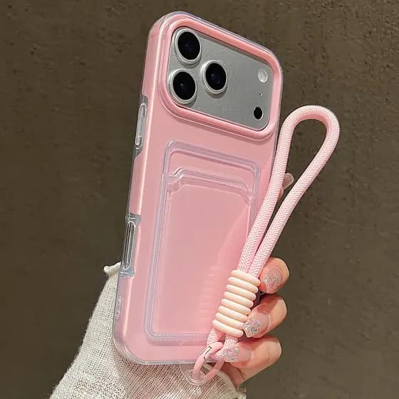 Capa De Telefone Para iPhone 17 16 15 14 13 12 11Pro Max 17 Ar Doce Cor Slot Cartão Saco Titular Alça De Pulso Com Cordã