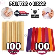 100 Palitos Manicure Laranjeira + 100 Lixas Mini Color Profissional
