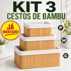 Kit Cestos De Bambu Organizadores C/ Forro Branco P/M/G - Já Montado
