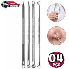 Kit Profissional Removedor De Cravos e Acne C/ 4 Peças De Ponta Dupla Pinça/Agulha/ Extrator