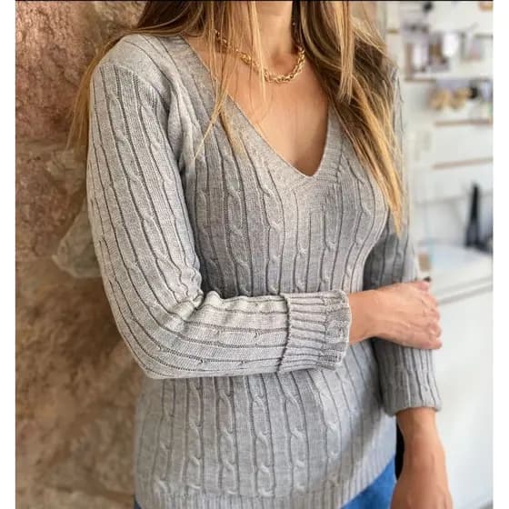 blusa gola V #34 trança manga longa tricô para frio moda feminina