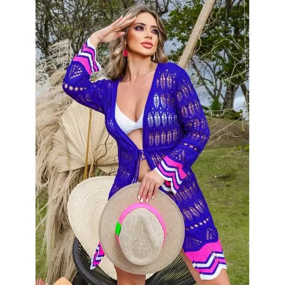 Saída de Praia Kimono Tricô Feminina | Roupa de Praia aberta Cordões | Saída De Banho Crochê Luxo