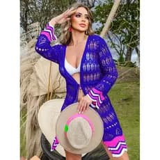 Saída de Praia Kimono Tricô Feminina | Roupa de Praia aberta Cordões | Saída De Banho Crochê Luxo
