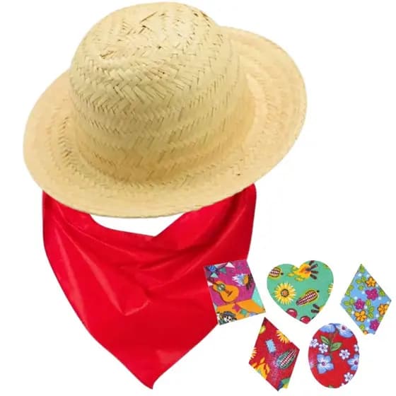 Chapeu De Palha Retalho Autocolante E Lenço Kit Bebe Caipira