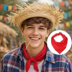 Chapeu Palha Desfiado Lenço de Pescoço Vermelho Festa Junina