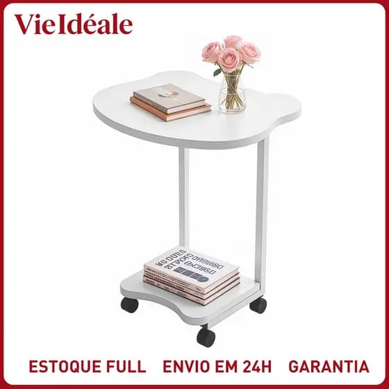 Mesa Lateral Trevo 2 Tampos Com Rodinhas - Mesa de Canto Redonda Ferro Antiferrugem Sala Decorativa