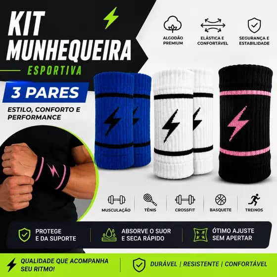 Kit com 3 Pares de Munhequeira Esportiva Ajustável Proteção Punho Academia