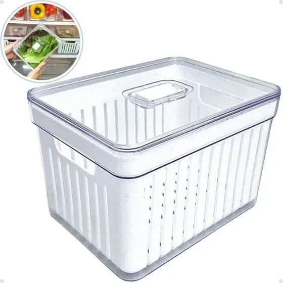Organizador Geladeira Quadrado 3,8L com Cesto Tampa Multiuso Alimentos Verduras Vegetais Plastutti