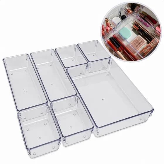 Kit 7 Organizadores Multiuso para Gavetas Armários Geladeiras Pote Acrílico Cristal e Fumê Plastutti