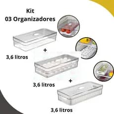 Kit 3 Organizadores de Geladeira 3,6L c/ tela + 3,6L c/ tela de ovo + 3,6L c/ cesto - Plastutti