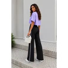 Calça Pantalona Feminina de Moletom c/ Listra Lateral Algodão Premium Cós Alto e Ajustável c/ Cordão