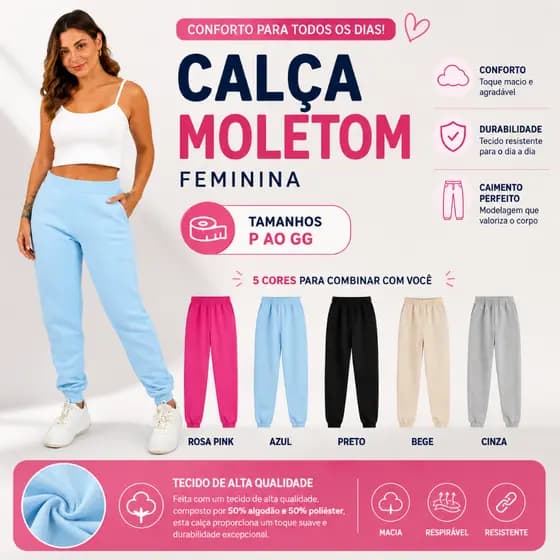 Calça de Moletom Grossa Sem Felpa Feminina Inverno Jogger c/ Bolsos Tecido Premium Conforto Térmico