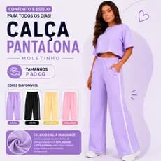 Calça Feminina Pantalona Moletinho c/ Listra Lateral Inverno Algodão Premium Bolso Lateral