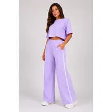 Calça De Moletom Pantalona Feminina c/ Listra e Bolsos Laterais Algodão Premium Cós Alto Ajustável