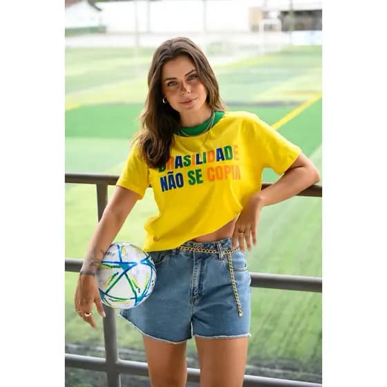 Camiseta Baby Look T-Shirt Feminina Brasil Copa do Mundo Amarelo Malha Premium Confortável