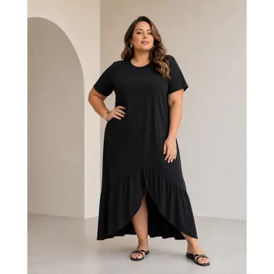 Vestido Longo Plus Size Feminino Midi Soltinho Amplo Preto Babado na Barra c/ Bolso P ao G3