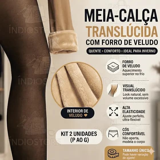 Kit 2 Meia Calça Translúcida Forrada Veludo Inverno Térmica Tamanho Único