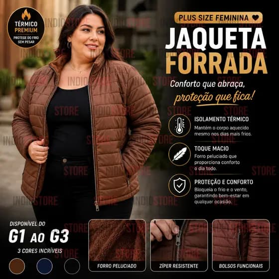 Jaqueta Feminina Plus Size Forrada Peluciada G1 ao G3 Térmica Inverno Bobojaco Sem Capuz