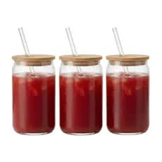 Kit 1/2/3 Copo de Vidro 570ml com Tampa Bambu e Canudo Drinks