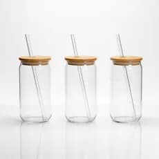 3 Copos de Vidro 570ml com Tampa Bambu e Canudo Drinks