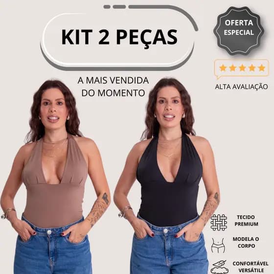 Kit 2 Blusas Femininas Frente Única Poliamida Decote V Halter Costas Nuas Moda Verão Tendência