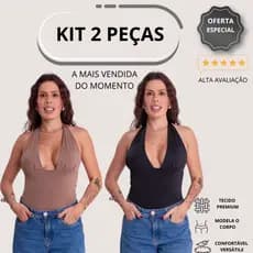 Kit 2 Blusas Femininas Frente Única Poliamida Decote V Halter Costas Nuas Moda Verão Tendência