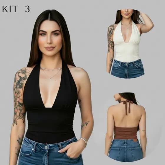 Kit 3 Blusas Femininas Suplex Costas Nuas Decote V Feminina Moderna P ao G
